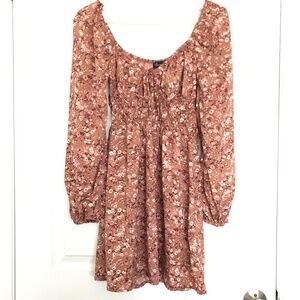 Streetwear Society Sweetheart Neckline Tie Floral Dress S Brown Pink Long Sleeve